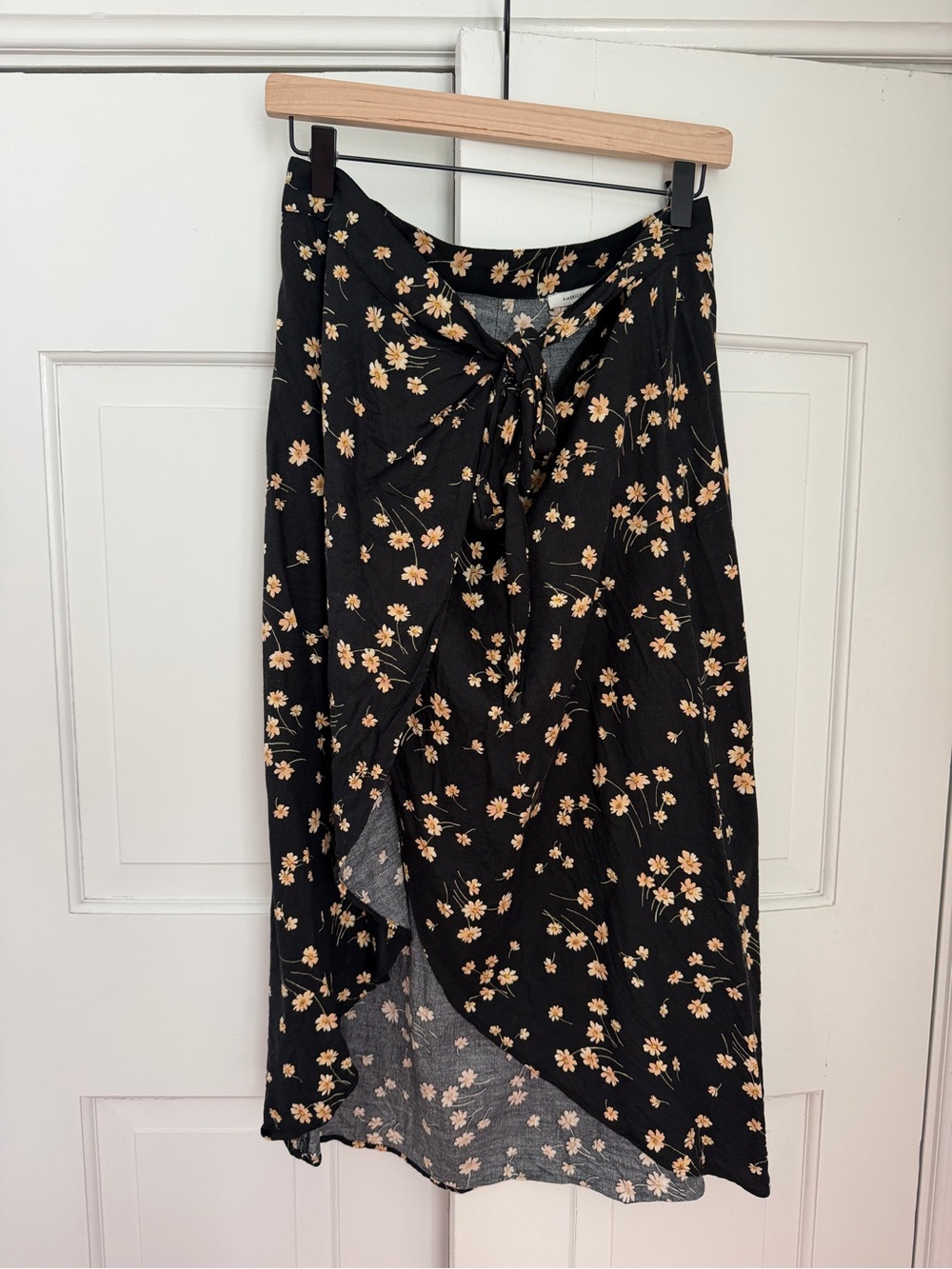 American Eagle Outfitters Black Wrap Midi Skirt with Yellow Floral Print